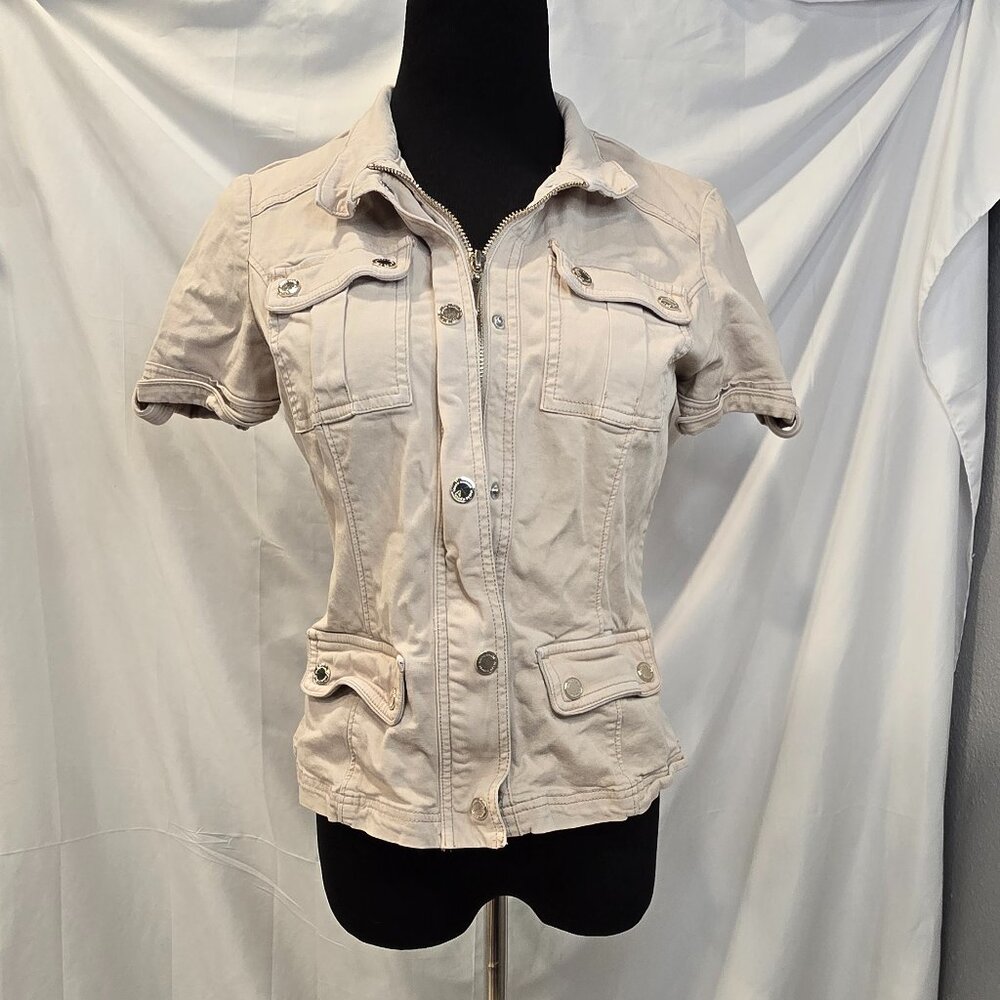 White House Black Market Button-up Short Sleeve Jacket Size 6 Pockets Beige